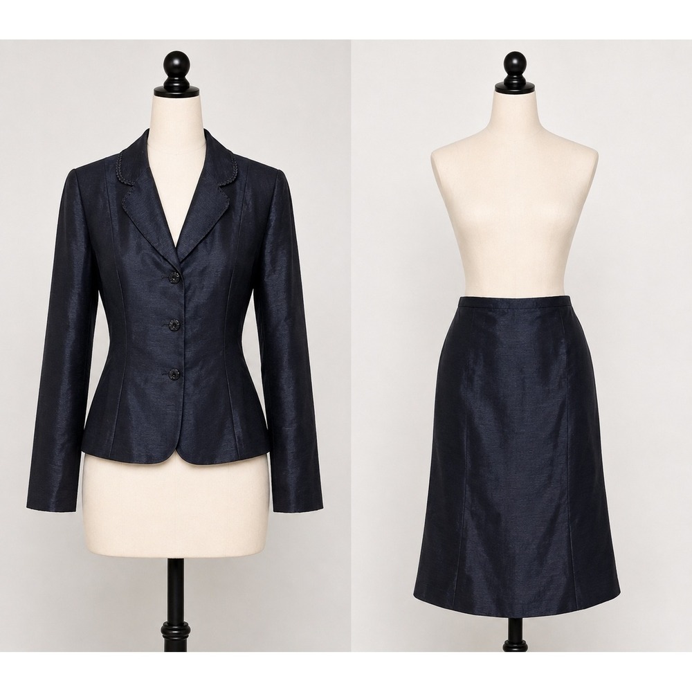Jones Wear Skirt Suit Navy Sheen Lace Trim Collar‎ Size 6